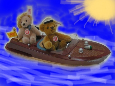 STEIFF Deux Ours Teddy dans un bateau en bois (canot Riva) Jouet