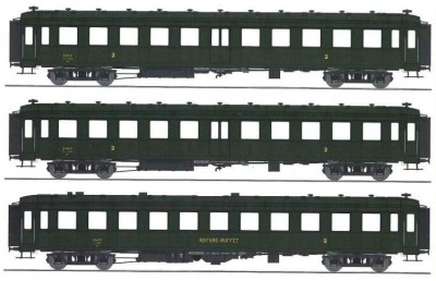 REE set de 3 voitures Bacalan SNCF ep IIIb ( 2 x B11myfi + Buffet B3r) Trains